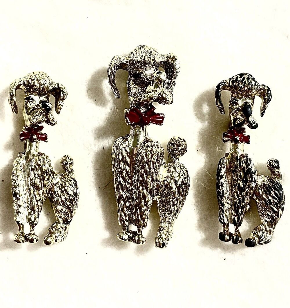 Vintage 1950s Gold Tone POODLE Dog Brooch Pin Lot Mid Century Red Bow Kitsch Set